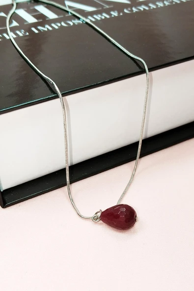 Yakut Doğal Taşı Zincirli El Yapımı Kolye Uç: 1,5 cm Zincir: 20 cm Kutulu - 4