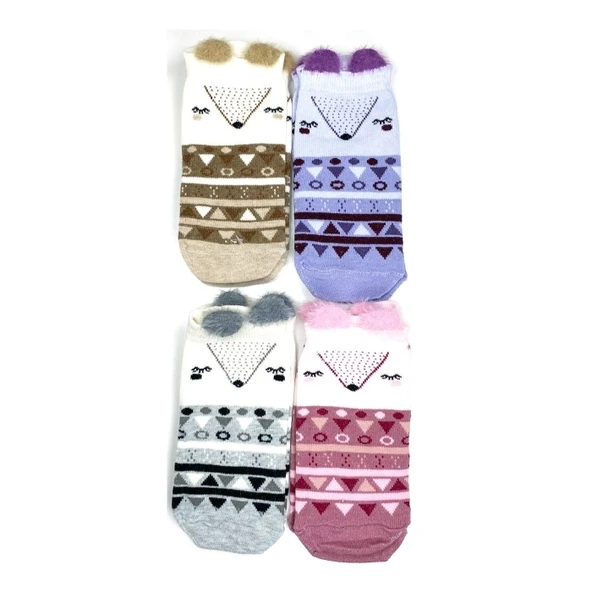 4 Çift Yumuşak Ponpon 3 Boyut Kulaklı Desenli Pamuklu Kadın Bilek çorap ürün görseli