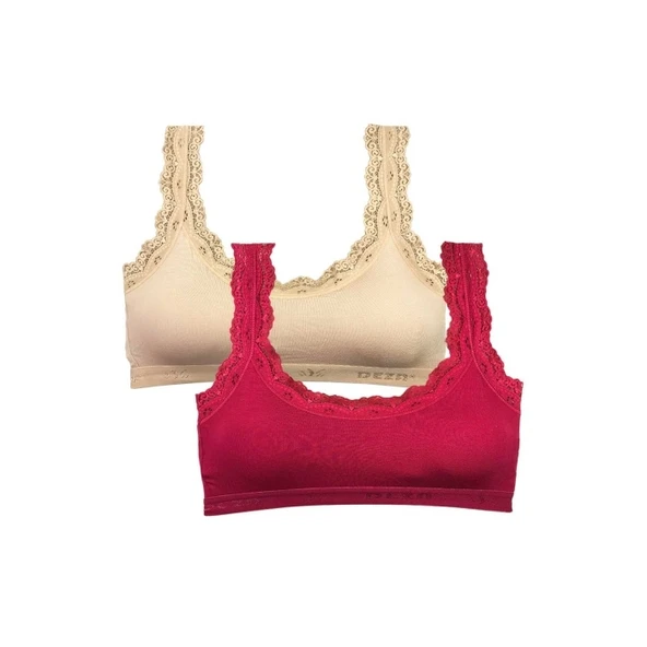 2 Adet Dantel Nakış İşlemeli Pedli Bambu Kadın Büstiyer Ten Bordo ürün görseli