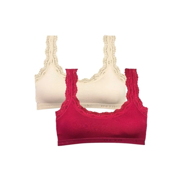 2 Adet Dantel Nakış İşlemeli Pedli Bambu Kadın Büstiyer Krem Bordo ürün görseli