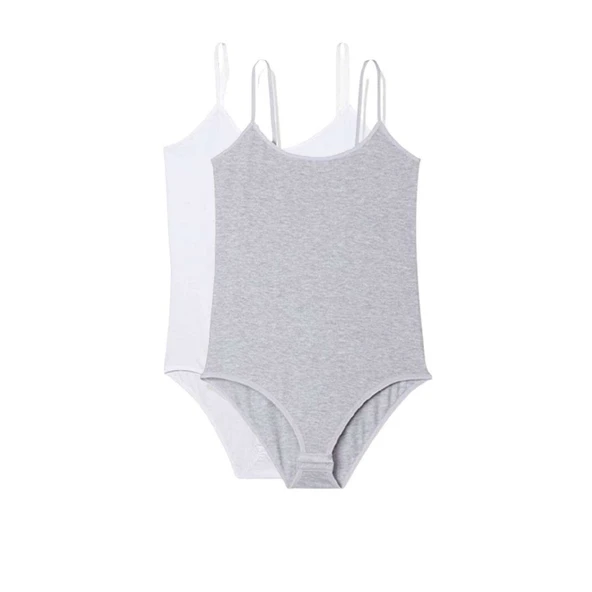 2 Adet İp Askılı Kadın Çıtçıtlı Body Beyaz ve Gri ürün görseli