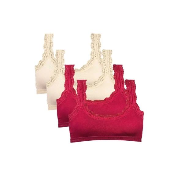 4 Adet Dantel Nakış İşlemeli Pedli Bambu Kadın Büstiyer Krem Bordo ürün görseli