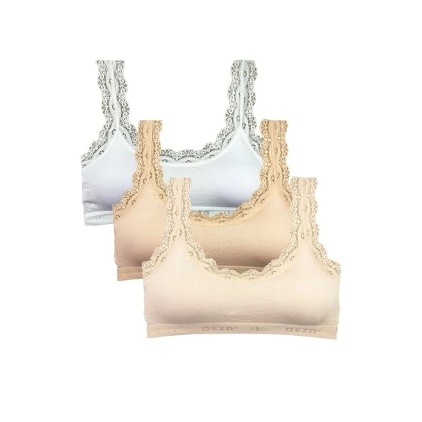 3 Adet Dantel Nakış İşlemeli Pedli Bambu Kadın Büstiyer Beyaz Ten Krem ürün görseli