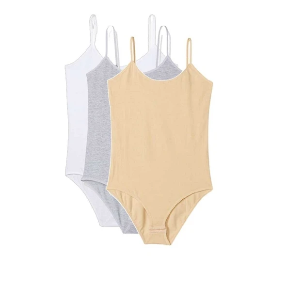 3 Adet İp Askılı Kadın Çıtçıtlı Body Beyaz Gri Ten ürün görseli