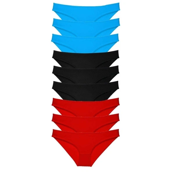 9 adet Süper Eko Set Likralı Kadın Slip Külot Siyah Kırmızı Mavi ürün görseli