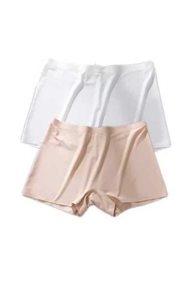 2 Adet Kadın Dikişsiz Görünmez İz Yapmaz Mini Şort Boxer Beyaz Ten - Resim 2