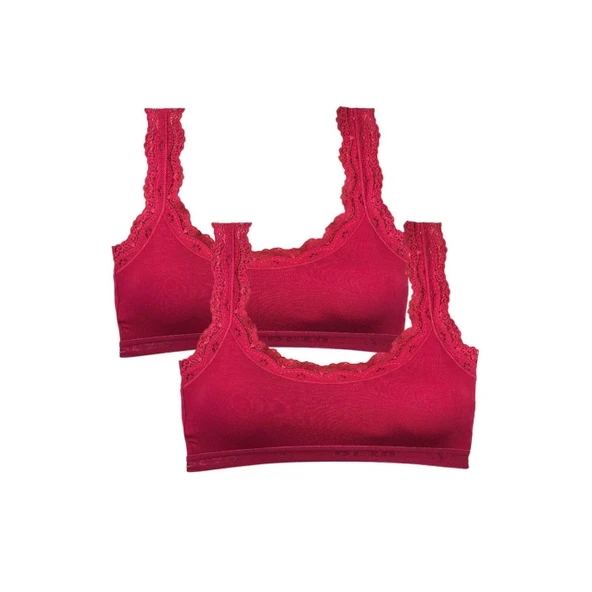 2 Adet Dantel Nakış İşlemeli Pedli Bambu Kadın Büstiyer Bordo ürün görseli