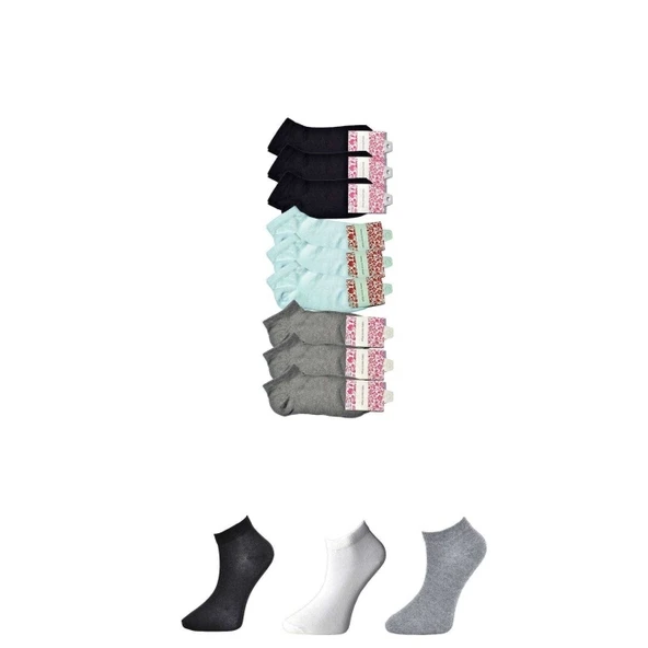 Siyah Gri ve Beyaz Kadın Bilek Çorap 9 çift ürün görseli