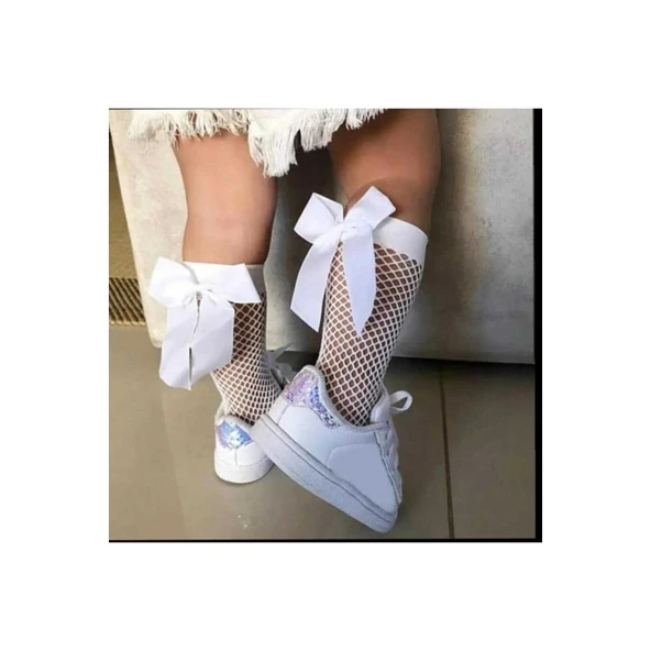 Beyaz Fileli Diz Altı Fiyonklu Kız Çocuk Çorap - Resim 2