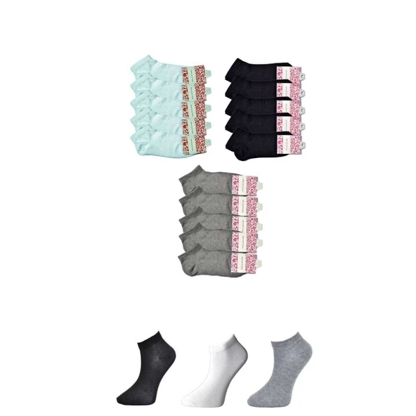 Siyah Gri ve Beyaz Kadın Bilek Çorap 15 çift ürün görseli