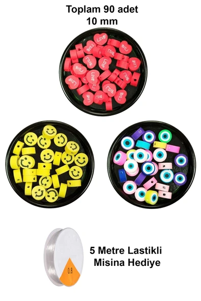 90 Adet 10 mm Polimer Kil Fimo Boncuk Takı Bileklik + 5 Metre Misina Hediye - Smile - Nazar - Love ürün görseli