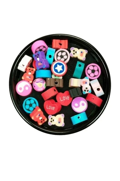 30 Adet 10 mm Polimer Kil Fimo Boncuk Takı Bileklik + 5 Metre Lastikli Misina Hediye - Karışık Renkli - Resim 3