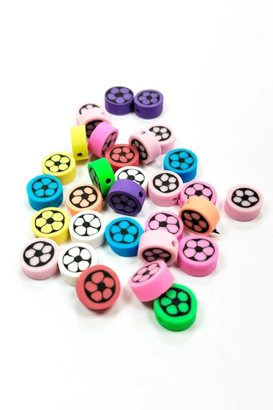 30 Adet 10 mm Polimer Kil Fimo Boncuk Takı Bileklik + 1 Metre Lastikli Misina Hediye - Renkli Çiçek - Resim 2