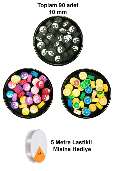 90 Adet 10 mm Polimer Kil Fimo Boncuk Takı Bileklik + 5 Metre Misina Hediye - Yin Yang - Yin Yang - Limon ürün görseli