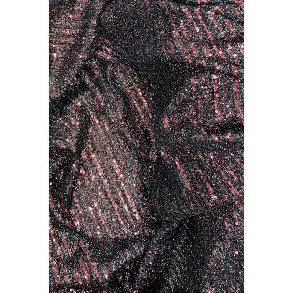 Sakallı Çizgili Pullu Kumaş Pullu Payet Kumaş Abiye Nişan Düğün Siyah Bordo - Resim 2