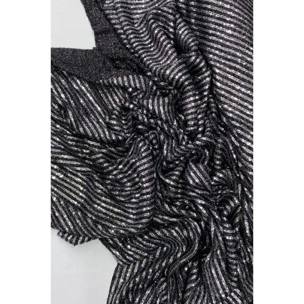 Sakallı Çizgili Pullu Kumaş Pullu Payet Kumaş Abiye Nişan Düğün Siyah ürün görseli