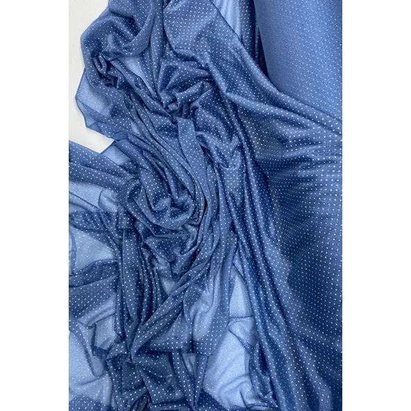 Yağmur Damlası Simli Abiye Elbise Şallık Tül Kumaş İndigo Mavi 89 ürün görseli