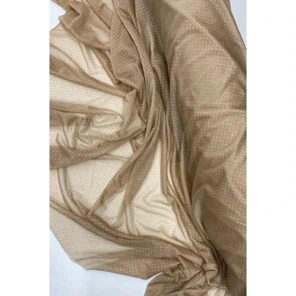 Yağmur Damlası Simli Abiye Elbise Şallık Tül Kumaş Açık Gold 28-A ürün görseli
