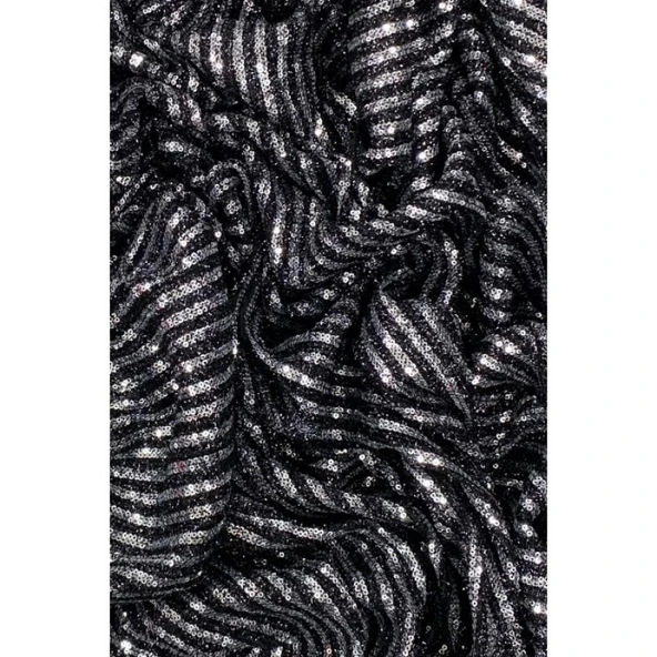 Sakallı Çizgili Pullu Kumaş Pullu Payet Kumaş Abiye Nişan Düğün Siyah - Resim 2