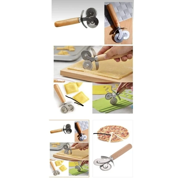 Çift Başlıklı Ahşap Saplı Pizza Kesici Hamur Kesici - Resim 3