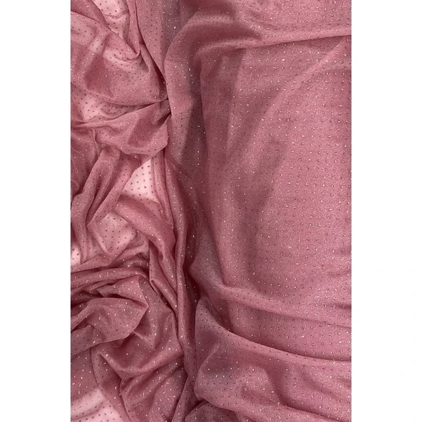 Yağmur Damlası Simli Abiye Elbise Şallık Tül Kumaş Gül Kurusu 32-H - Resim 2