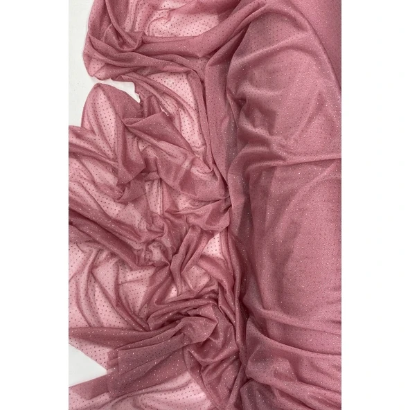 Yağmur Damlası Simli Abiye Elbise Şallık Tül Kumaş Gül Kurusu 32-H ürün görseli