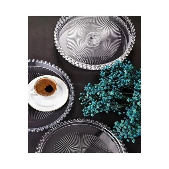 Boncuklu Sunum Tepsisi, Şeffaf Tepsi, Çay Tepsisi, Sunumluk 23 Cm ürün görseli 1