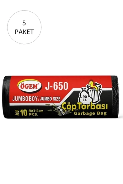 J-650 Jumbo Boy Çöp Torbası 80 x 110 cm 10 Lu Rulo x 5 Paket = 50 Adet (Siyah) ürün görseli 1