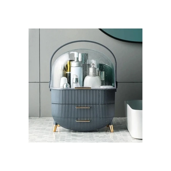 Kozmetik Makyaj Düzenleyici Organizer Gri Taşıma Kulplu Çekmeceli - Resim 6