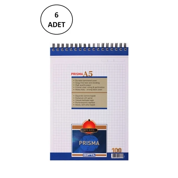 Gıpta A5 Bloknot Prisma Spiralli Karton Kapak Kareli 100 Yaprak 6 Adet - 1