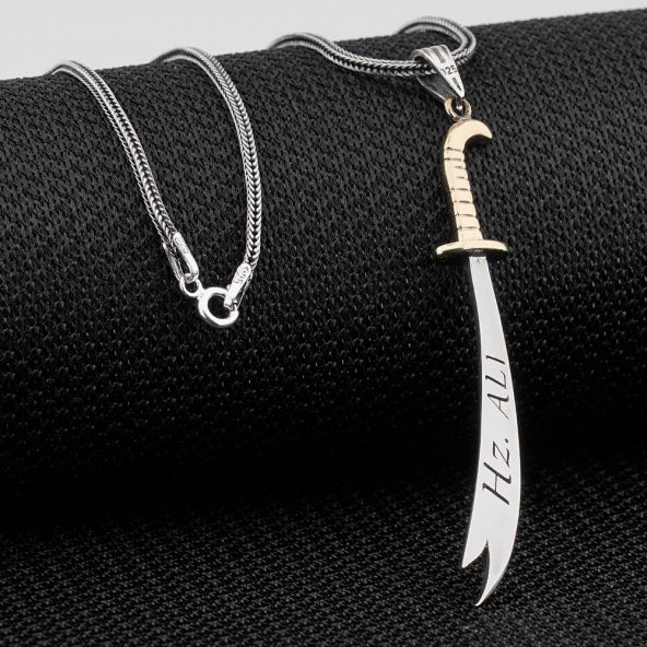 Türkçe ve Arapça Hz Ali Yazılı Zülfikar Kılıç Gümüş Kolye - 3