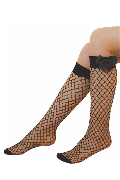 Siyah Fileli Diz Altı Fiyonklu Kız Çocuk Çorap - Resim 4