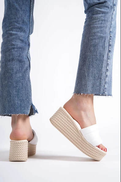 JET-REINA Dolgu Topuklu Ortopedik Taban Hasır Görünümlü Kadın Terlik CKT - Beyaz - Resim 5