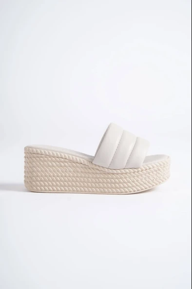 JET-REINA Dolgu Topuklu Ortopedik Taban Hasır Görünümlü Kadın Terlik CKT - Krem - Resim 6