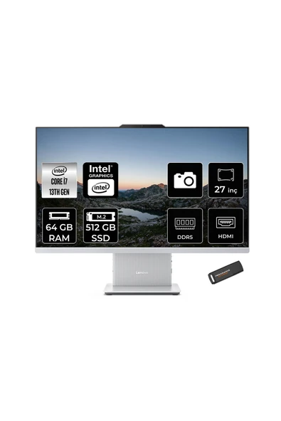 LENOVO IdeaCentre 24IRH9 i7 13620H 64GB DDR5 512GB SSD 27" FHD IPS FDOS Beyaz All in One PC & PER4 ürün görseli