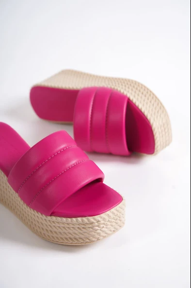 JET-REINA Dolgu Topuklu Ortopedik Taban Hasır Görünümlü Kadın Terlik CKT - Fuşya - Resim 5