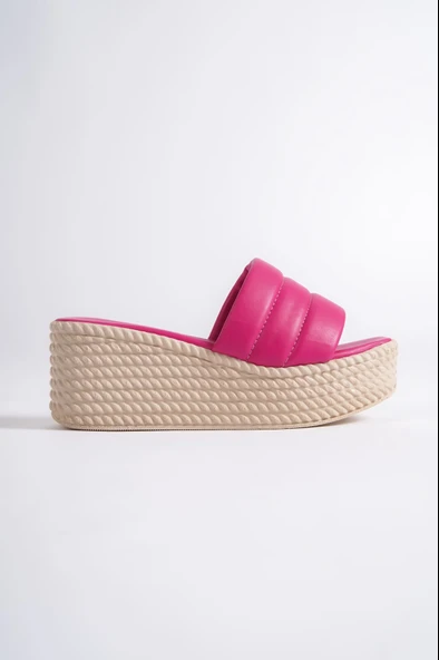 JET-REINA Dolgu Topuklu Ortopedik Taban Hasır Görünümlü Kadın Terlik CKT - Fuşya - Resim 6