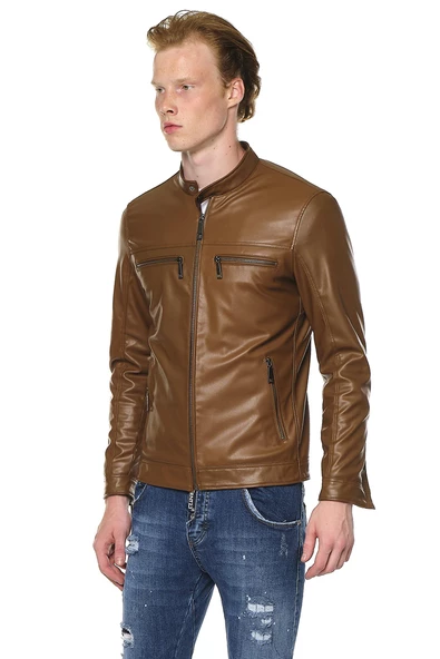 Erkek Dik Yaka Çok Cepli Fermuarlı Deri İşçilikli Suni Deri Mont - 10