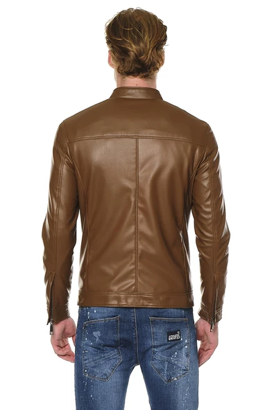 Erkek Dik Yaka Çok Cepli Fermuarlı Deri İşçilikli Suni Deri Mont - 12