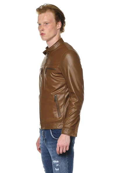 Erkek Dik Yaka Çok Cepli Fermuarlı Deri İşçilikli Suni Deri Mont - 11