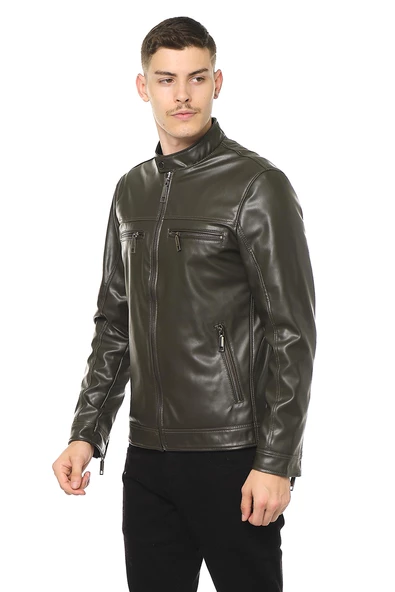 Erkek Dik Yaka Çok Cepli Fermuarlı Deri İşçilikli Suni Deri Mont - 6