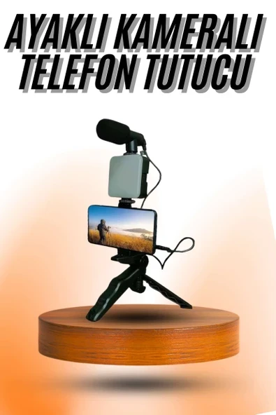 Telefon Tutucu Mini Mikrofonlu Tripod Vlog Çekim Video ürün görseli 1