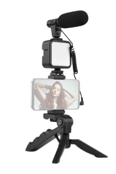 Tripod Telefon Tutucu Kumandalı Mikrofon Led Işık Vlog Video Kayıt - Resim 2