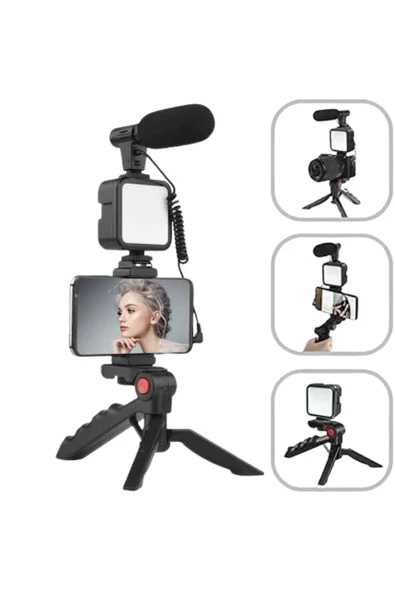 Akıllı Telefon Vlog Kiti Tripod Mini Mikrofonlu Telefon Tutucu - Resim 2