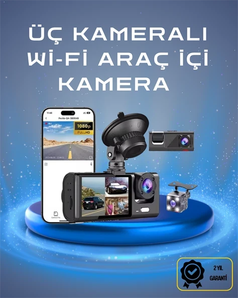 Üç Kameralı 1080p Full HD Araç İçi Kamera – G-Sensörlü ve Gece Görüşlü ürün görseli 1