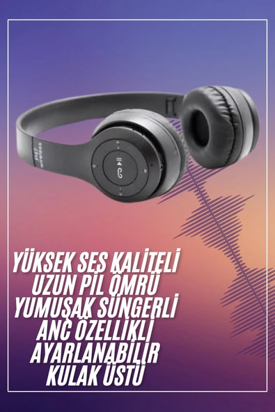 Bluetooth Kablosuz Kulaklık Siyah Wireless 5.0 Kulak Üstü Uzun Pil Ömrü - 2