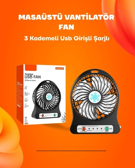 Mini Vantilatör Masaüstü – USB Girişli, Şarjlı, 3 Kademe, Sessiz Motor, Işıklı ürün görseli 1