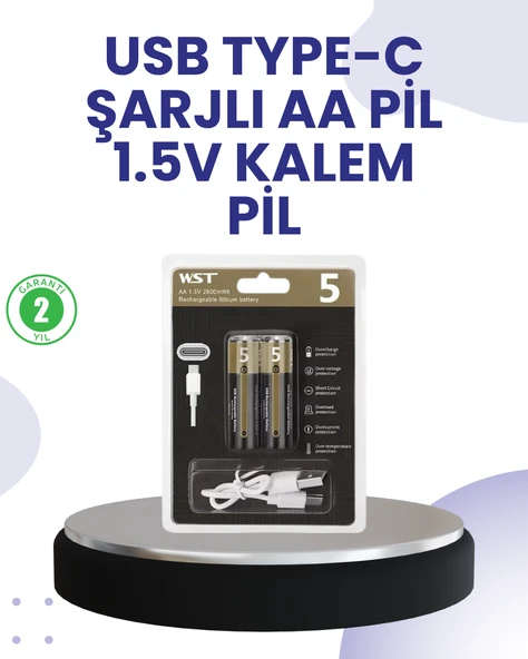 Type-C USB ile Hızlı Şarj Edilebilir AA Kalem Pil | 1.5V Lityum | Çiftli Paket ürün görseli 1