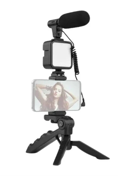 Tripod Telefon Tutucu Kumandalı Mikrofon Led Işık Vlog Video Kayıt ürün görseli 1