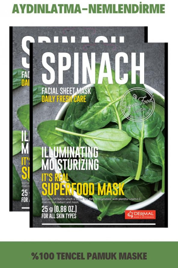 DERMAL Aydınlatıcı ve Nemlendirici Ispanak Maskesi 25gr 2li Set
